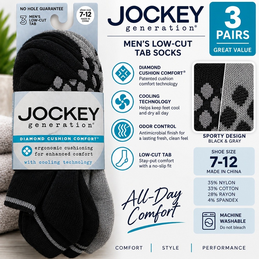 Jockey Generation Mens Low-Cut Tab Socks 3 Pack Black Gray Diamond Cushion 7-12